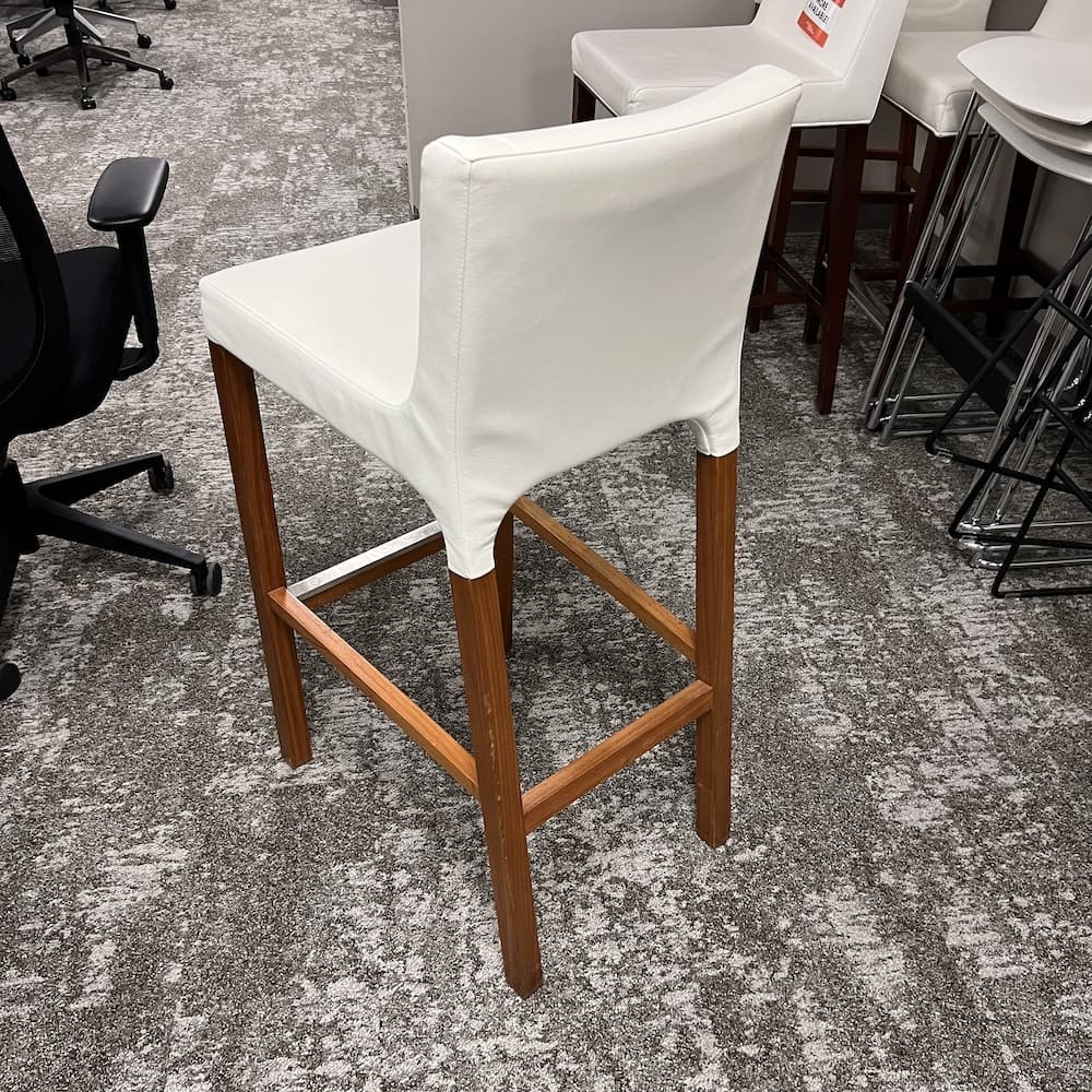 white vinyl with cherry veneer wood legs, bar height stool, blue dot, used furniture