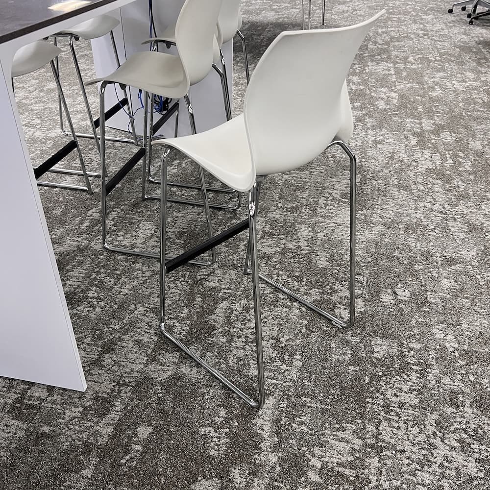 white plastic stool, stacking bar height, used office furniture, teknion nami