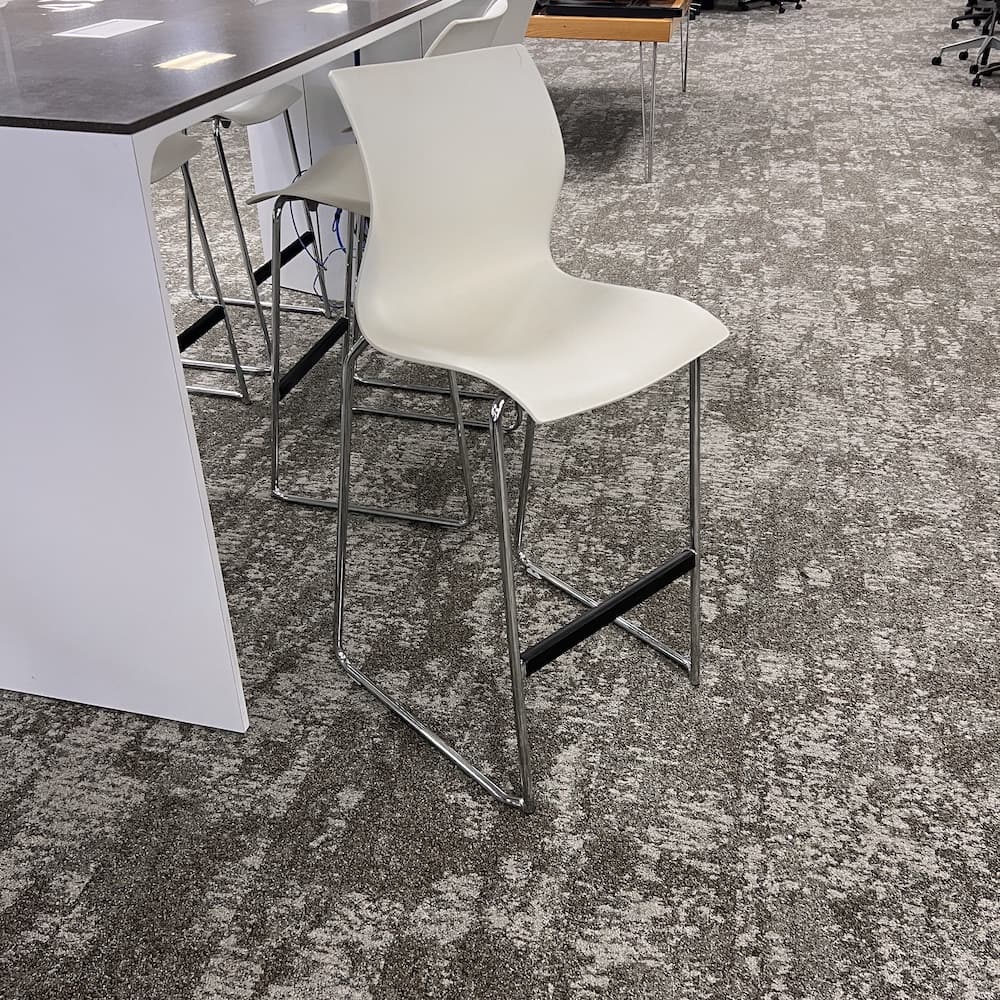 white plastic stool, stacking bar height, used office furniture, teknion nami