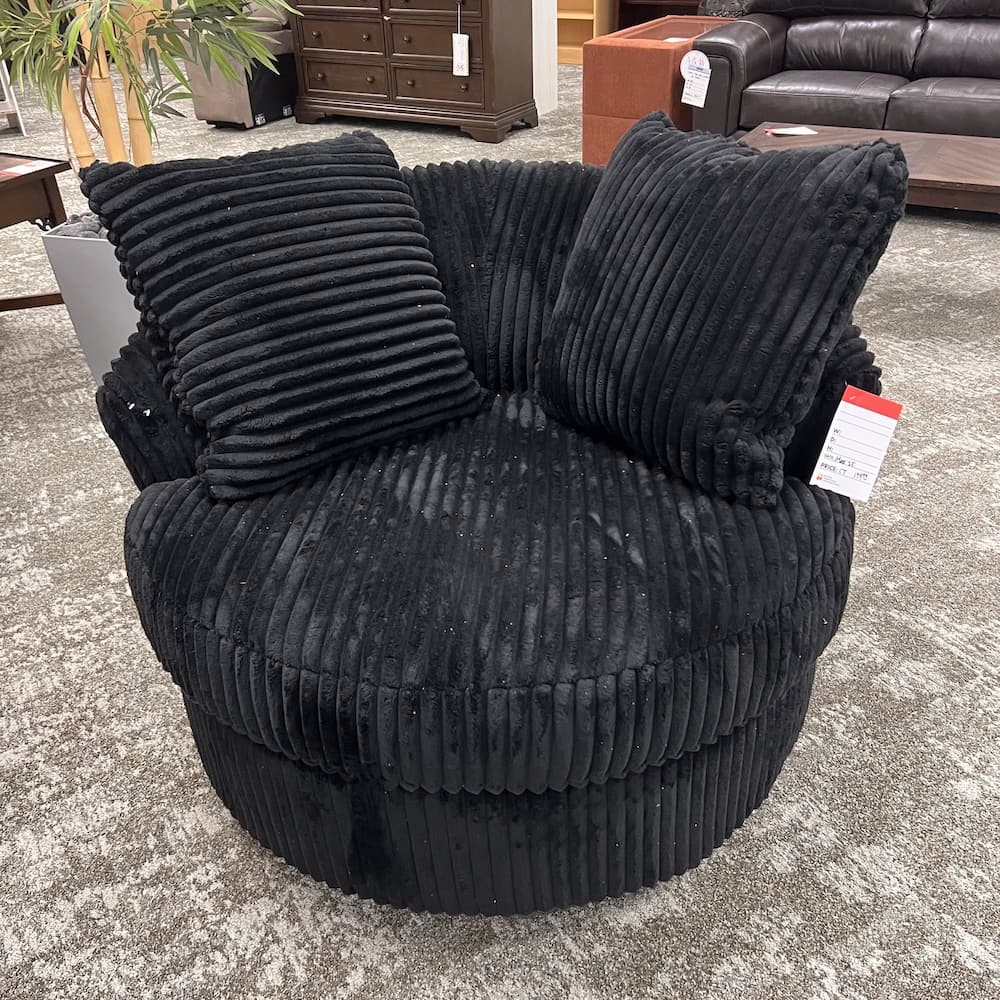 black corduroy round swivel cuddle chair, upholstered, open box scratch n dent home furniture