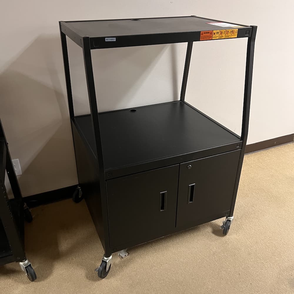 black metal media cart with 2 doors, bretford, multi media rolling, used office furniture, electronic storage presentation cart