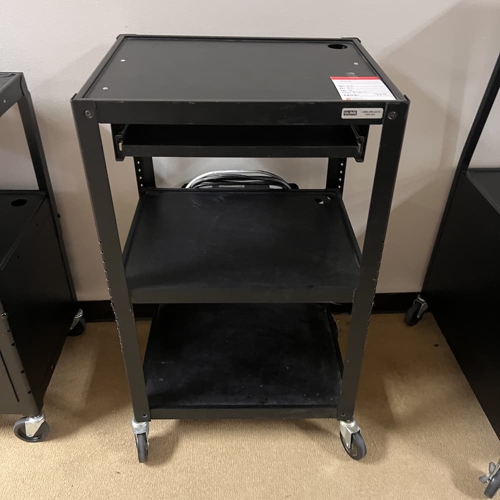 black metal media cart with open shelf, uline, multi media rolling, used office furniture, electronic storage presentation cart