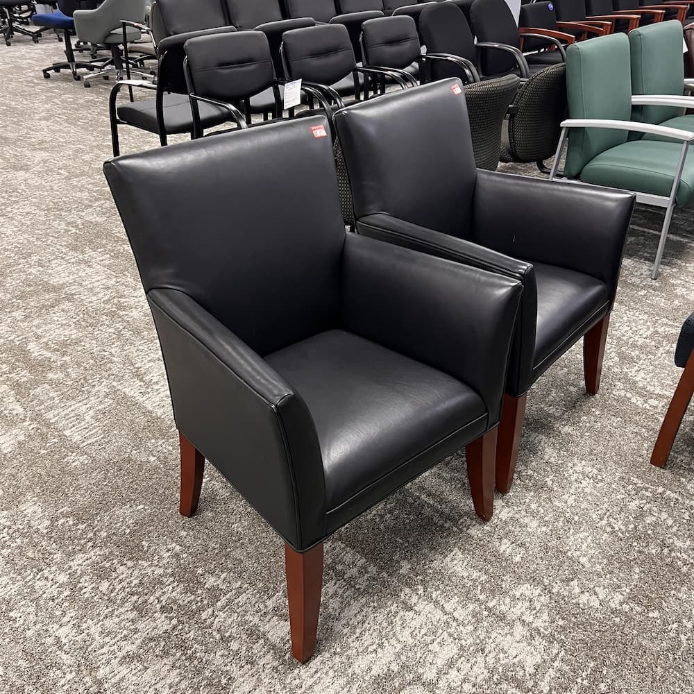 black vinyl side guest chair with arms, mahogany legs, set of 2, used office furniutre