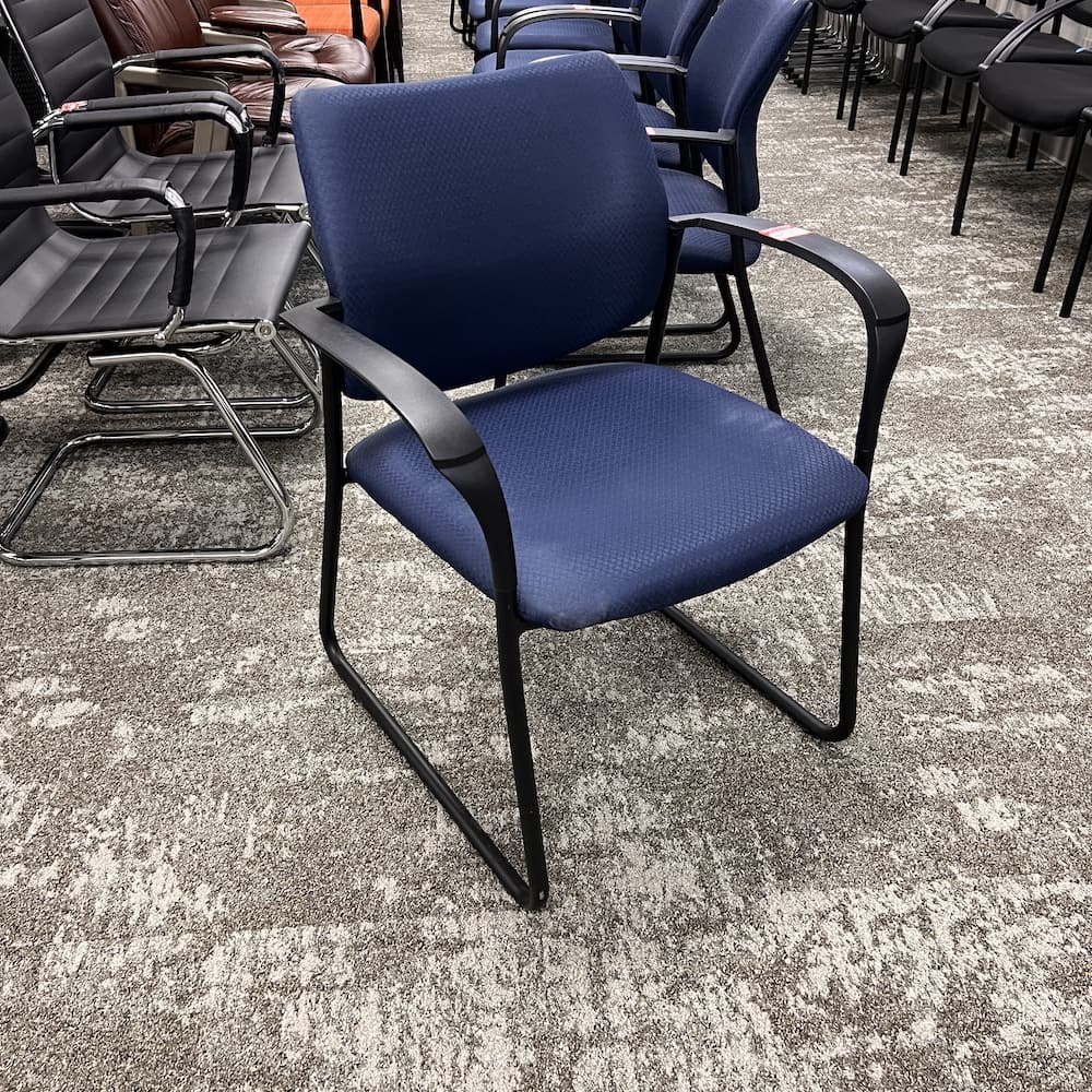 blue upholstered guest sled chair, global brand, commercial reception seating, used office furniture