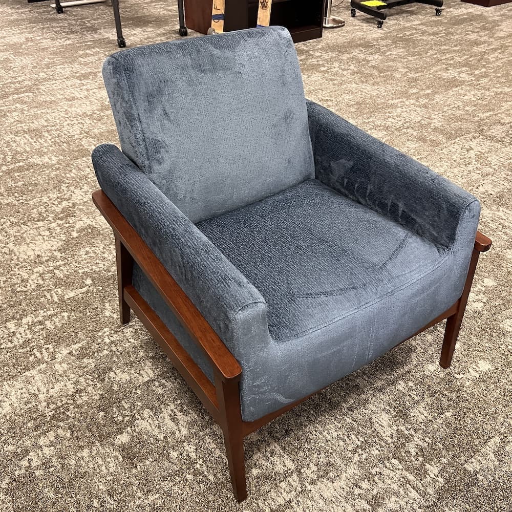 blue upholstered lounge chair, open box furniture, used home goods