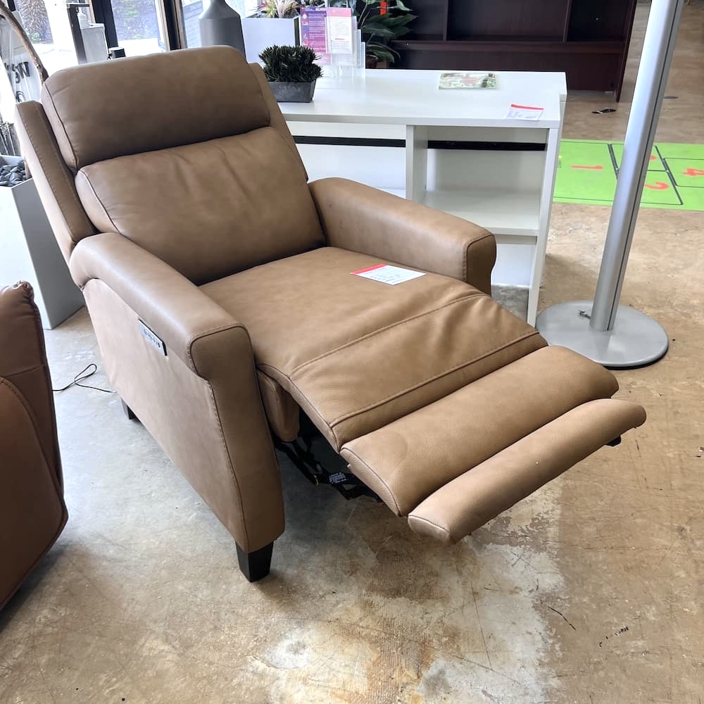 southern motion leather relcliner lounge chair in tan light brown, electric, open box scratch n dent home furniture