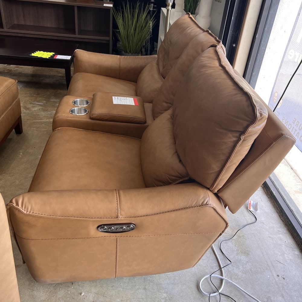 brown leather two seater sofa, electric recliner with console in center, used home furniture, ottoman set