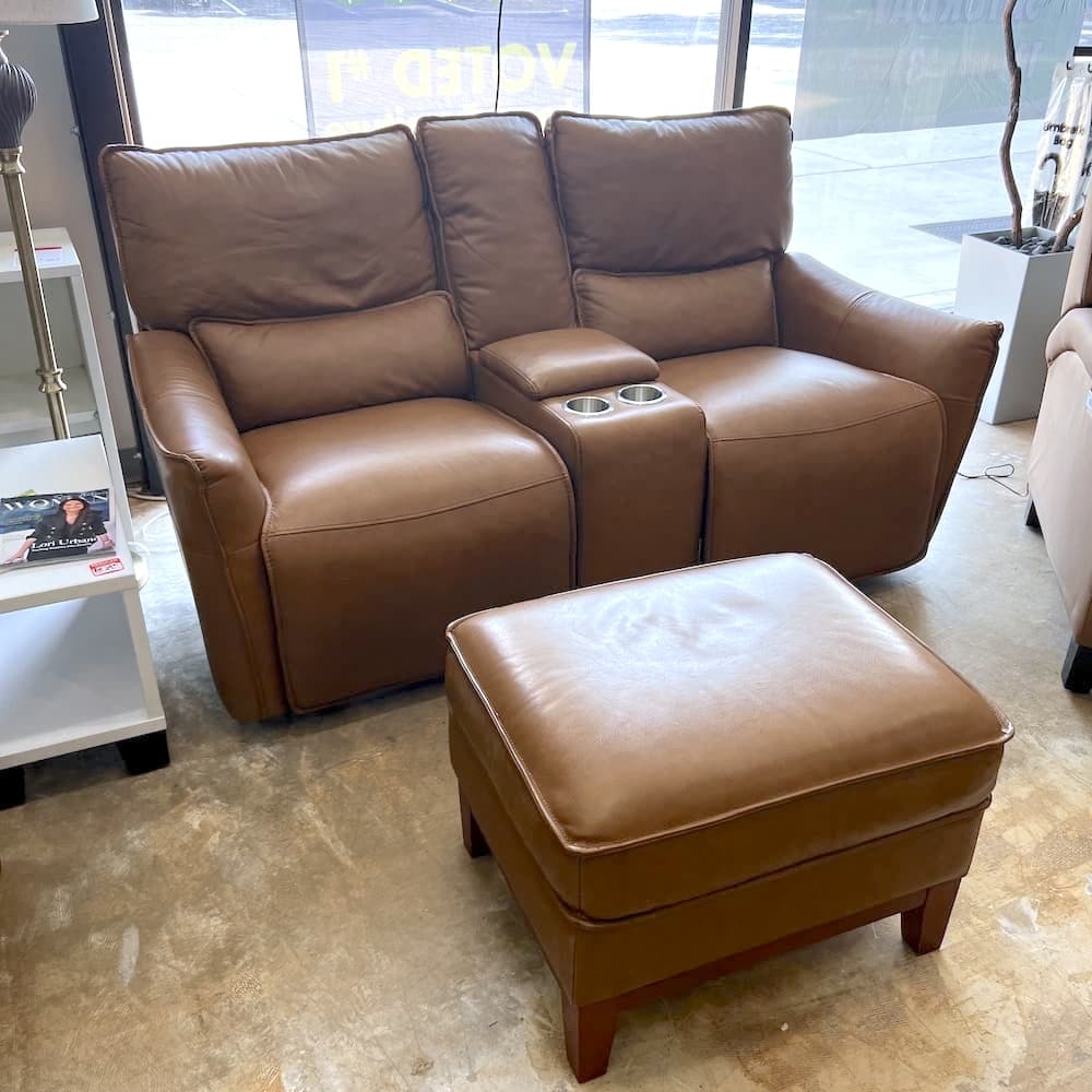 brown leather two seater sofa, electric recliner with console in center, used home furniture, ottoman set