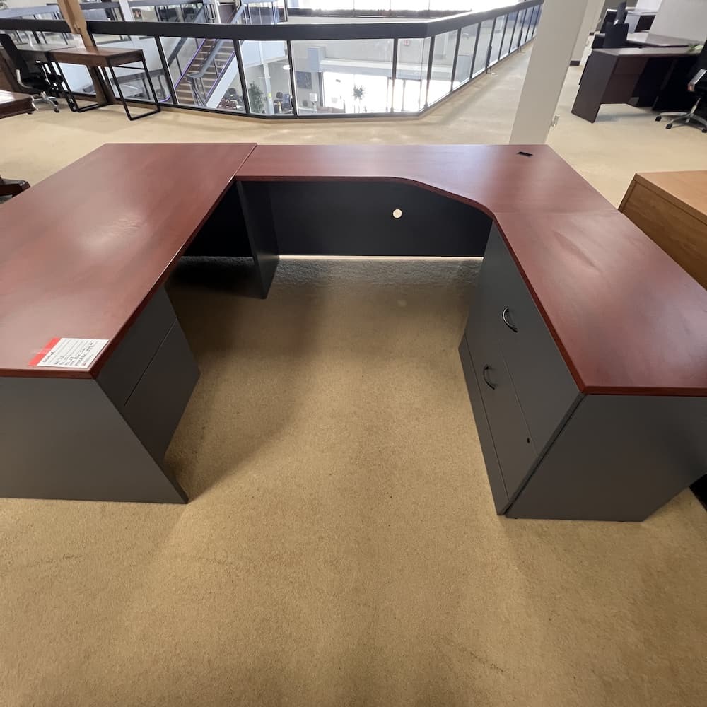 cherry and grey laminate u-desk right return, global commercial brand, used office furniture