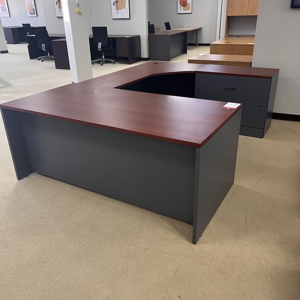 cherry and grey laminate u-desk right return, global commercial brand, used office furniture