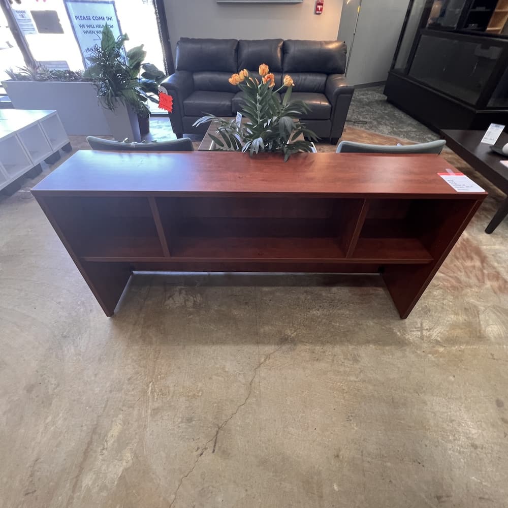 cherry laminate tv console with open shelving, open box. used furniture, credenza