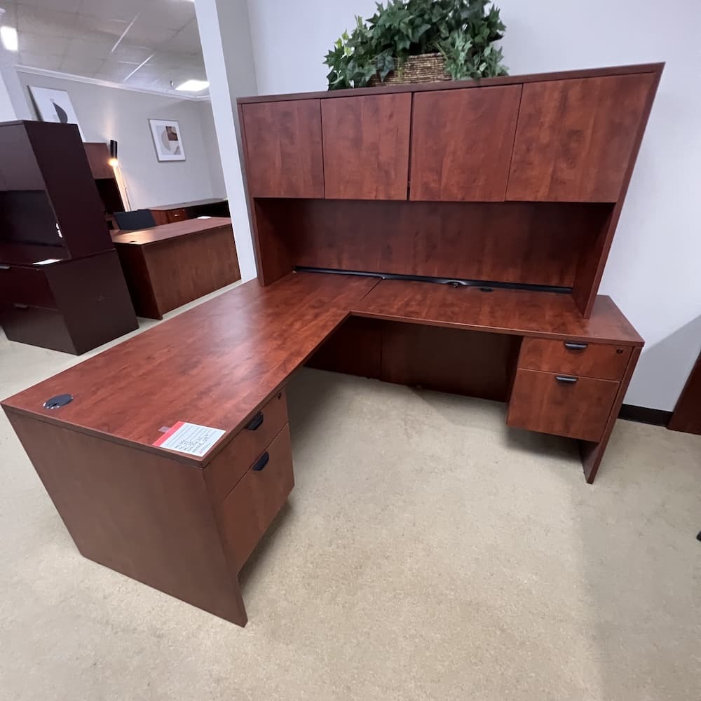 cherry laminate l-desk, right return with hutch, double hanging box/files, used office furniture