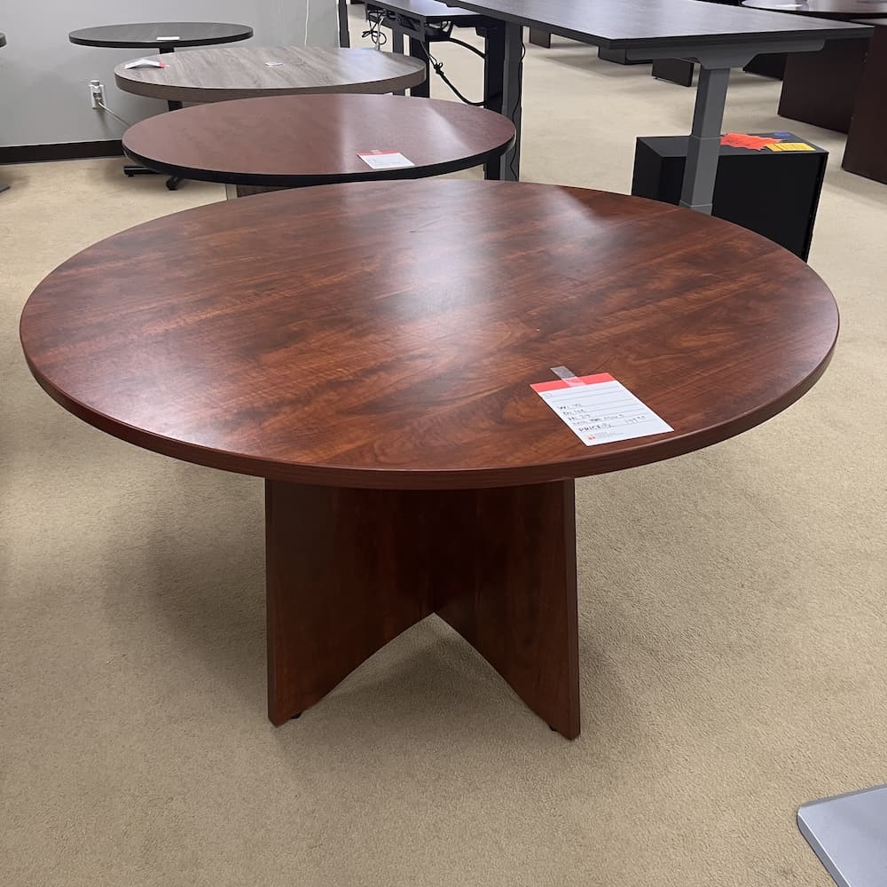 cherry laminate round break room table with board base, 48", used office furniture