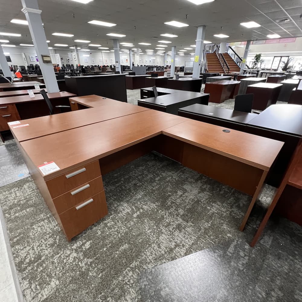 cherry laminate l-desk right return single pedestal, used office furniture 71 x 71