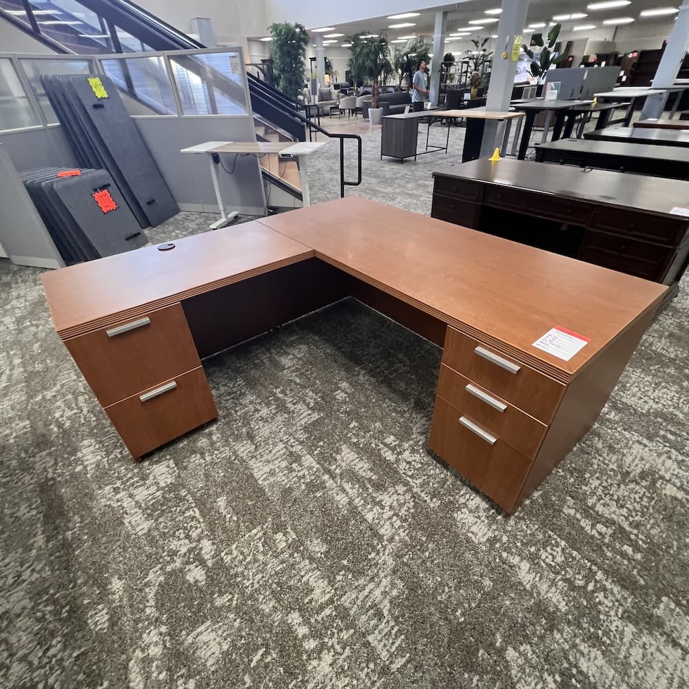 cherry laminate l-desk left return double pedestal, used office furniture 71 x 77