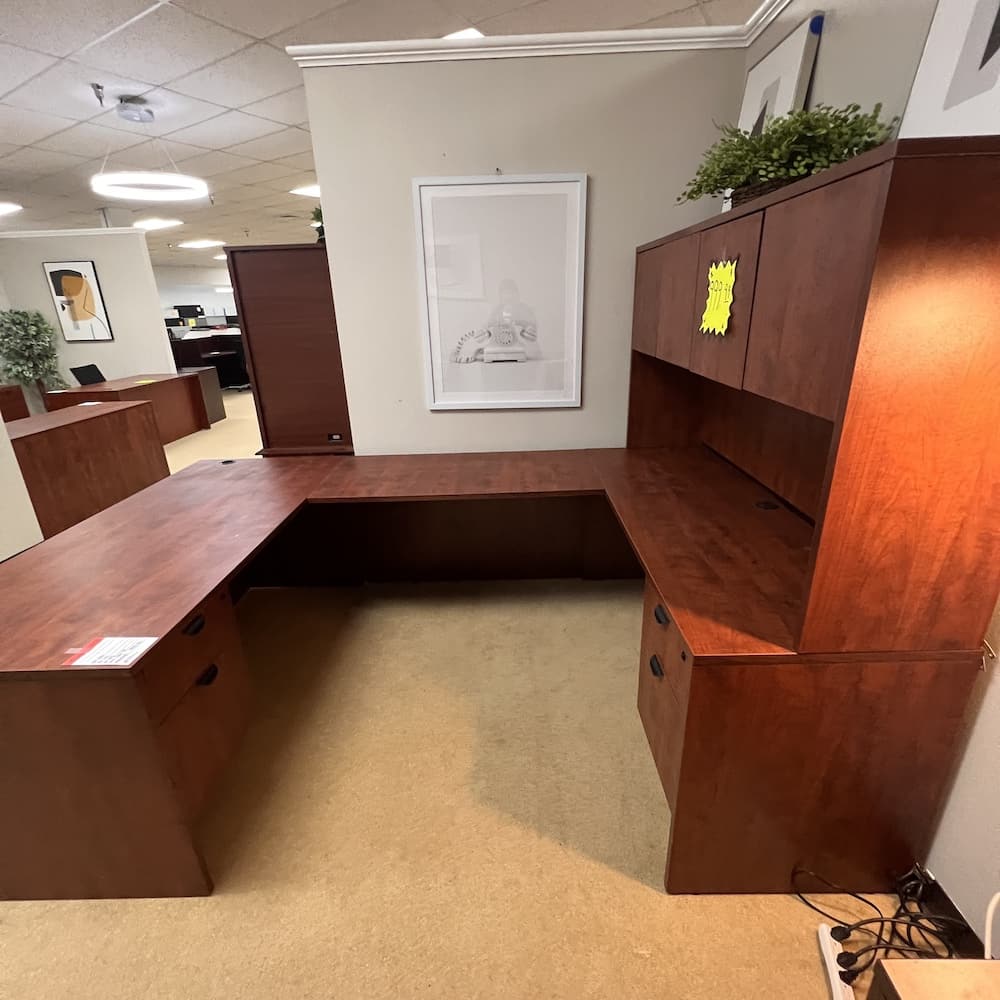 cherry u-desk right return with hutch and four laminate doors, used office furniture