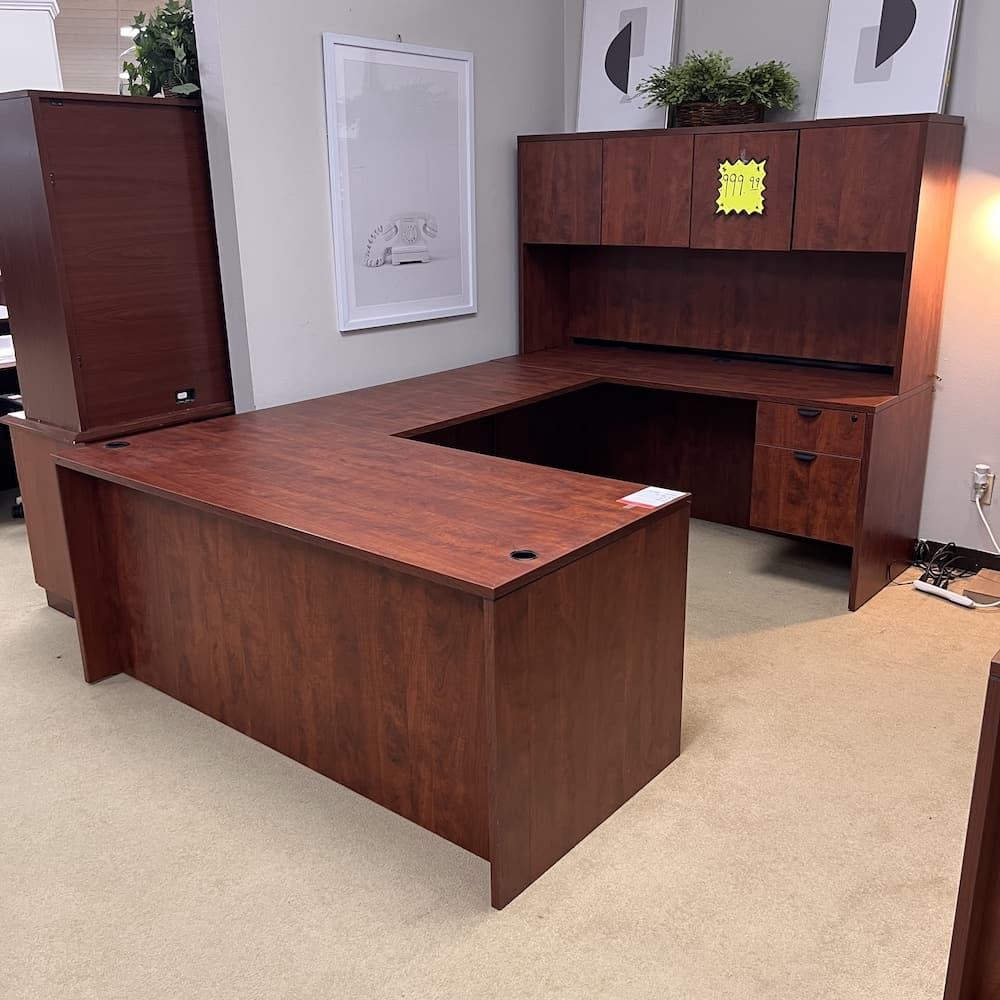 cherry u-desk right return with hutch and four laminate doors, used office furniture