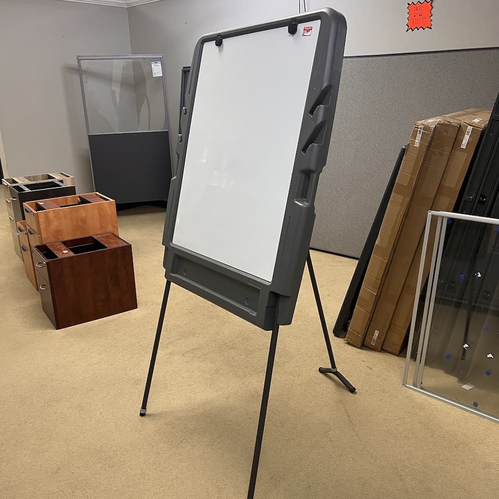 dry erase stand easel with grey plastic frame, used office furniture accessories