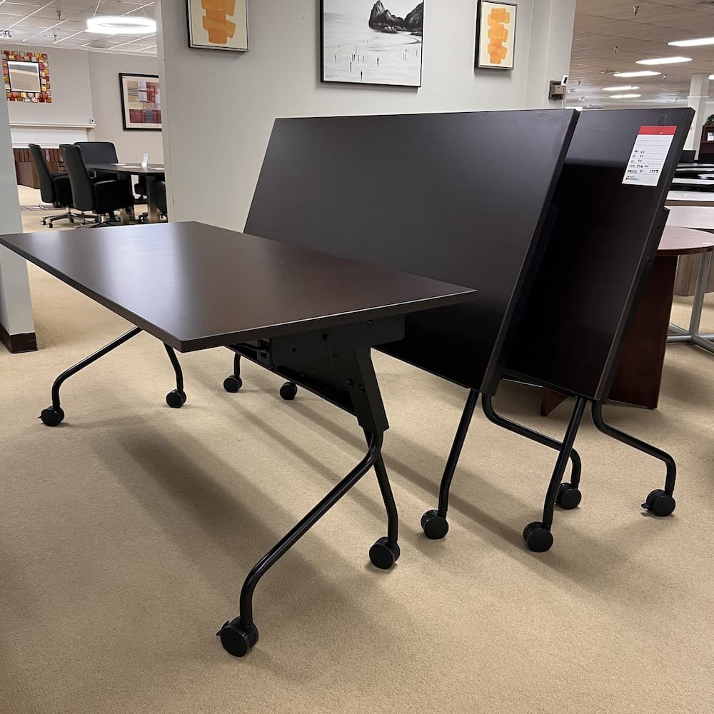 espresso training table with black legs, rolling flip nest, used office furniture