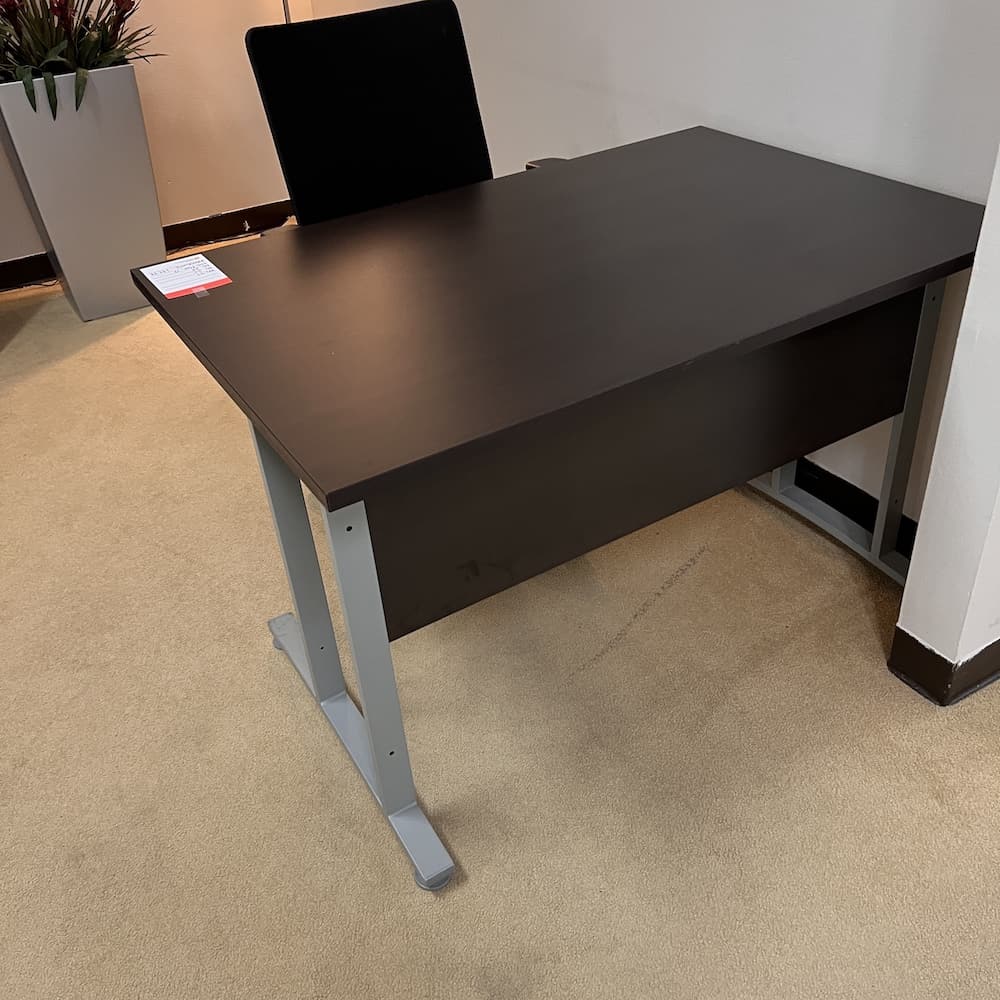 espresso laminate table desk shell with grey metal legs, used office furniture