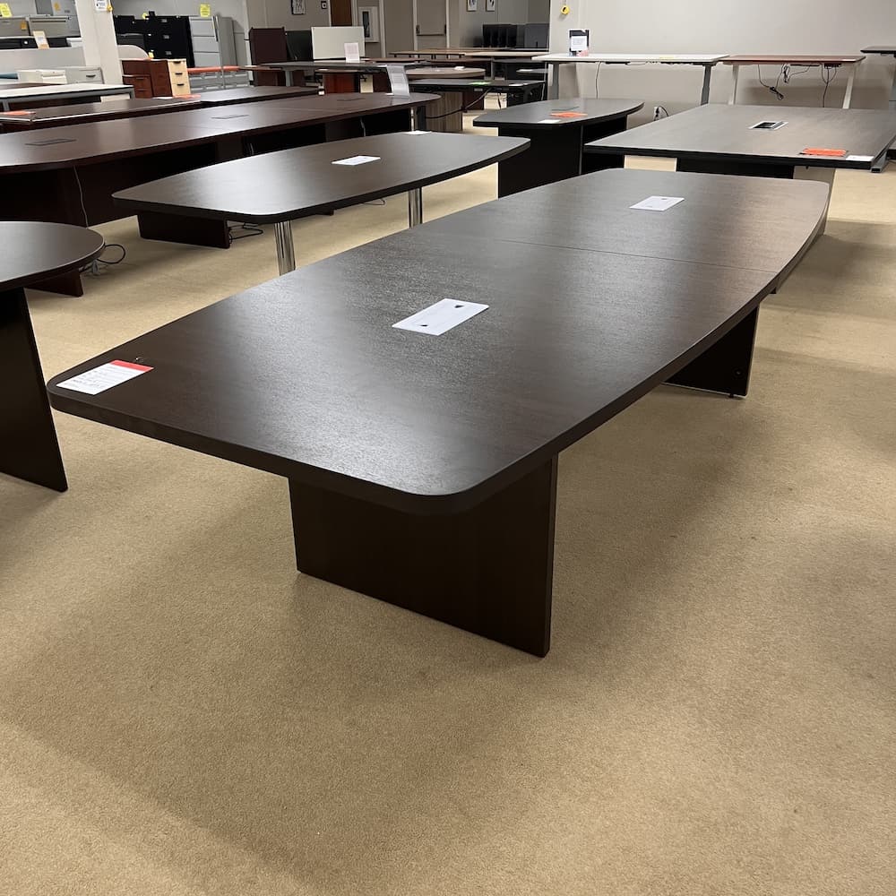 espresso java boat shaped conference table 10 ft, laminate, board base, used office furniture