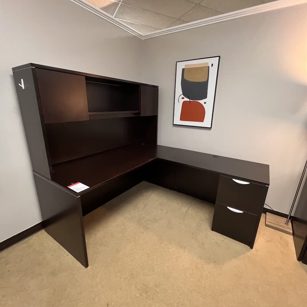 espresso laminate l-desk with right return and hutch, used office furniture