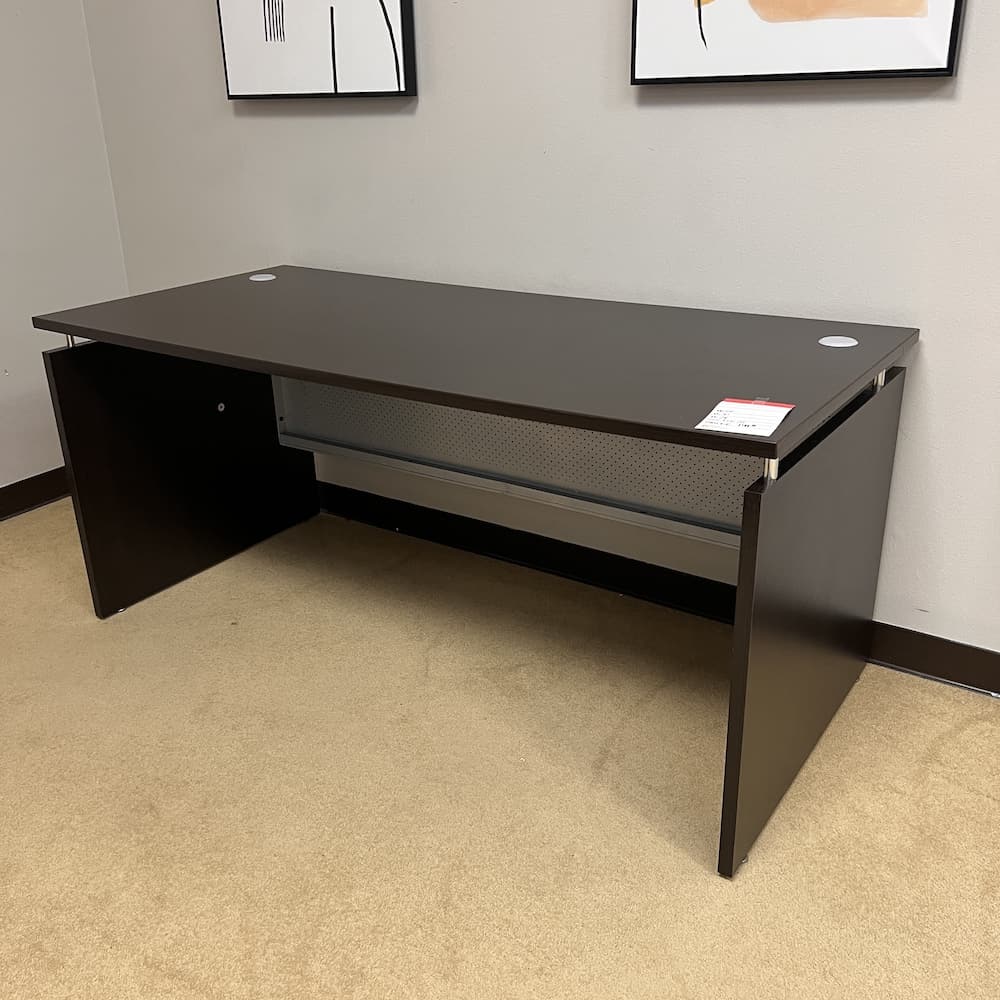 espresso laminate desk shell with metal silver privacy panel, no drawers, used office furniture