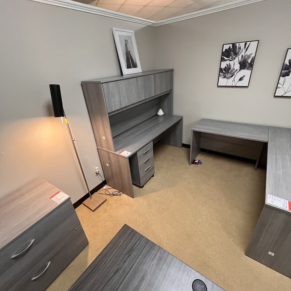 bush business furniture bow from L-desk left return with credenza, box/box/file, and 2 drawer lateral, used office furniture, grey