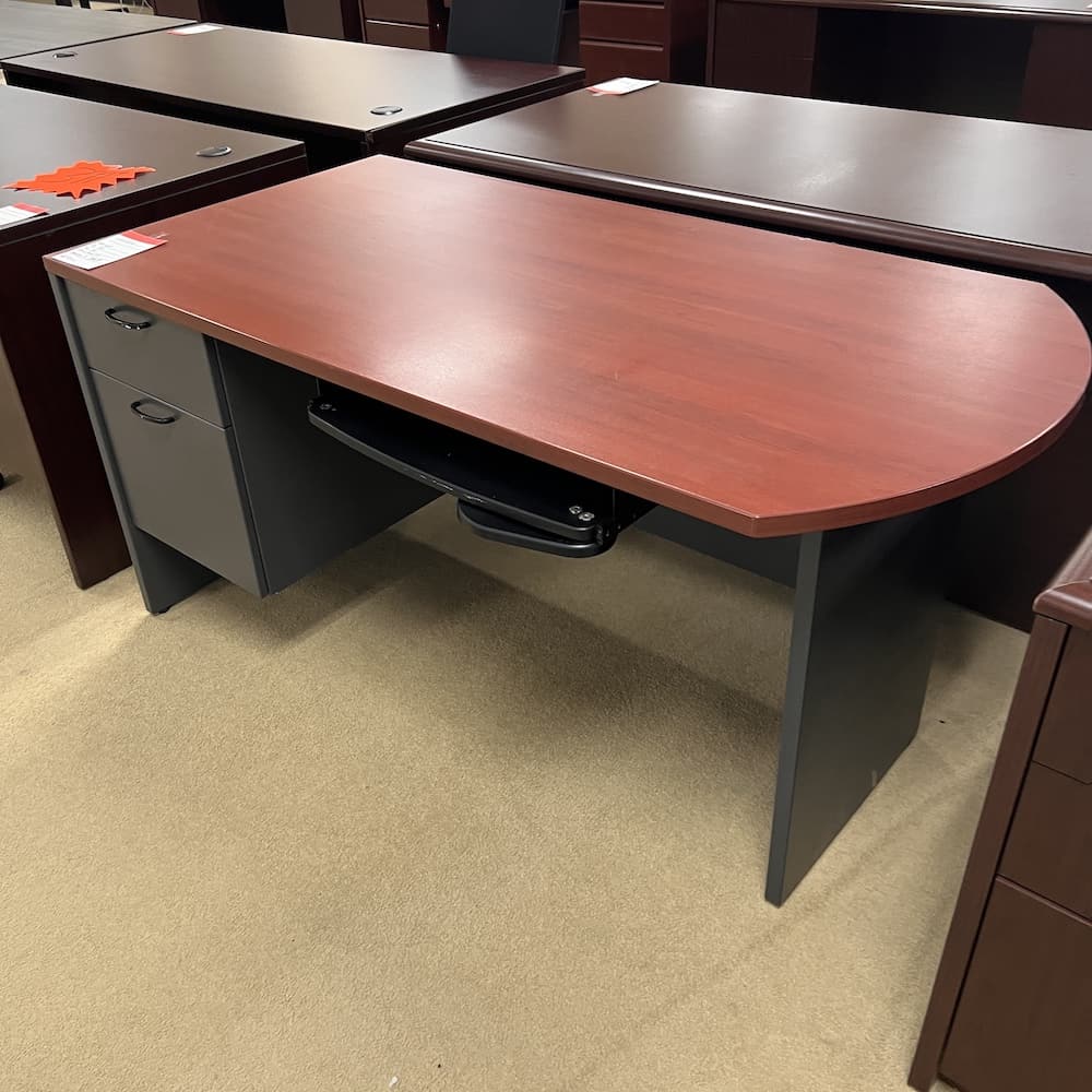 grey and cherry laminate lacasse bullet nose desk with single hanging box/file, used office furniture