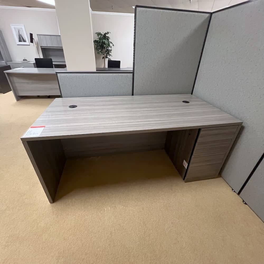 light grey laminate desk with single pedestal box box file, used office furniture, hon commercial
