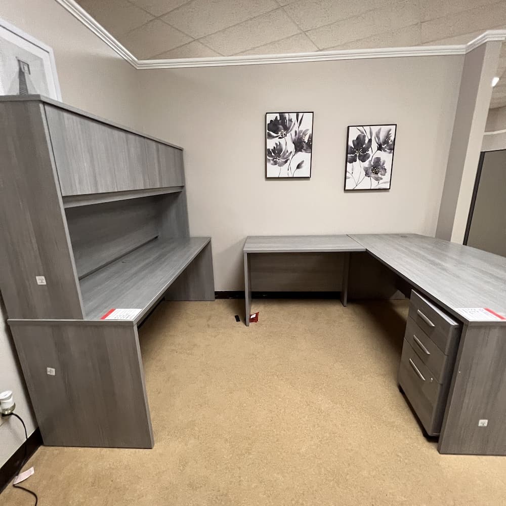 bush business furniture studio C bow front L-shaped left return l-desk with credenza and hutch, light grey laminate, used office furniture