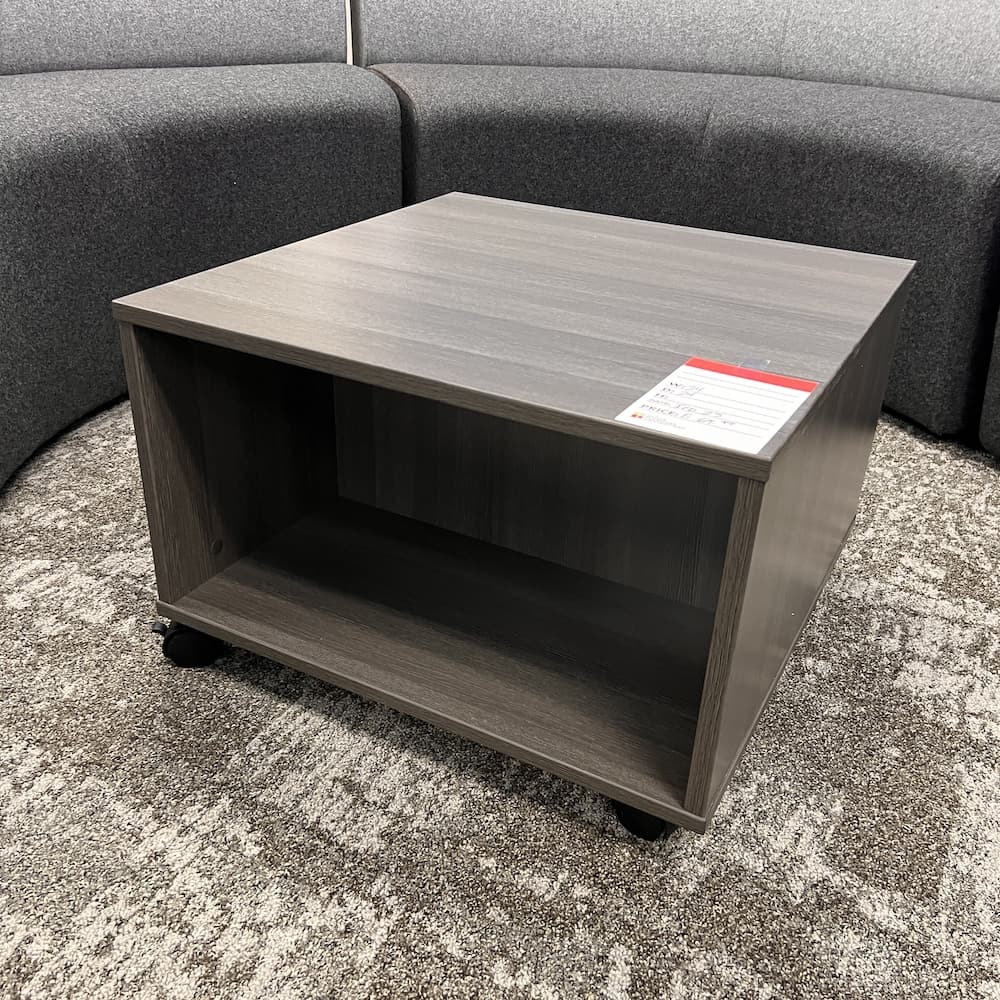 grey laminate side table with castor wheels, mobile square table, used open box office furniture