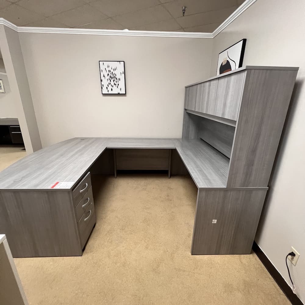 bush business furniture studio C bow front U-shaped right return desk with hutch, light grey laminate, used office furniture