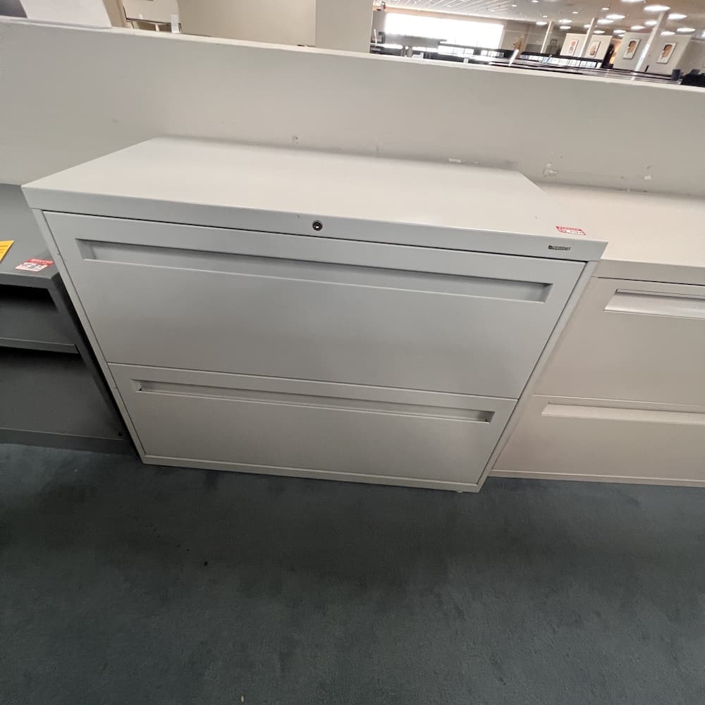 light grey metal hon 2 drawer lateral file cabinet, used office furniture