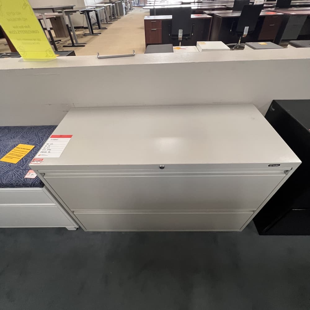 light grey metal global 2 drawer lateral file cabinet, used office furniture