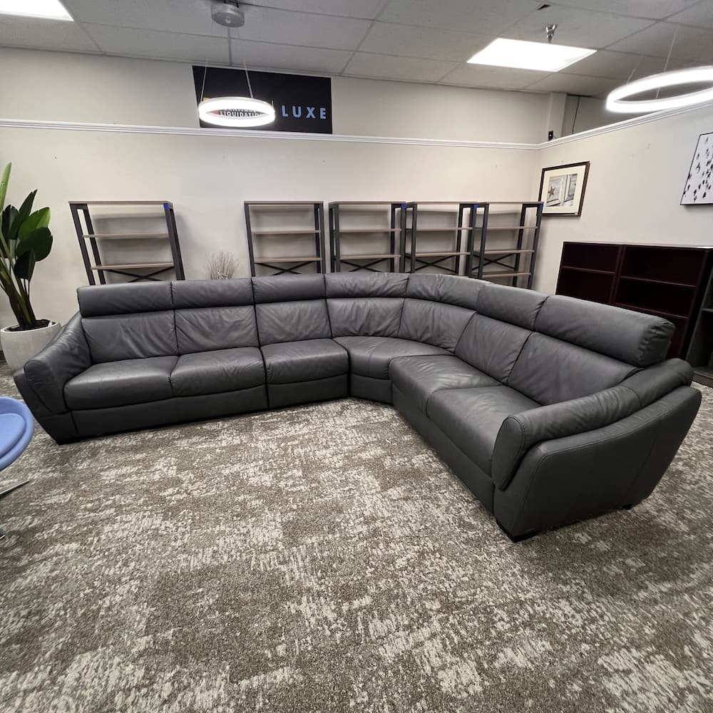 dark grey top grain leather sectional sofa couch, L-shaped, natuzzi, open box home furniture