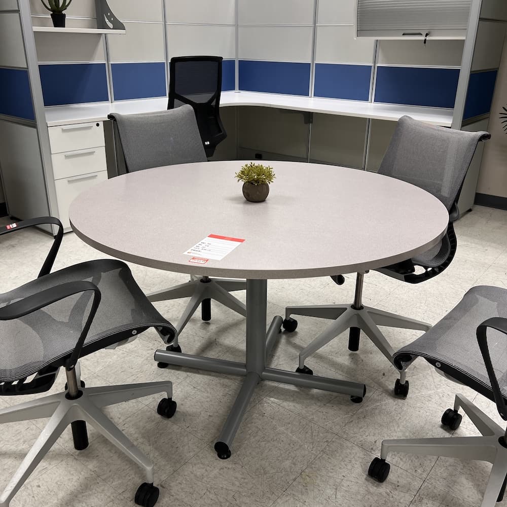 grey laminate round tope with grey metal x base, used office furniture