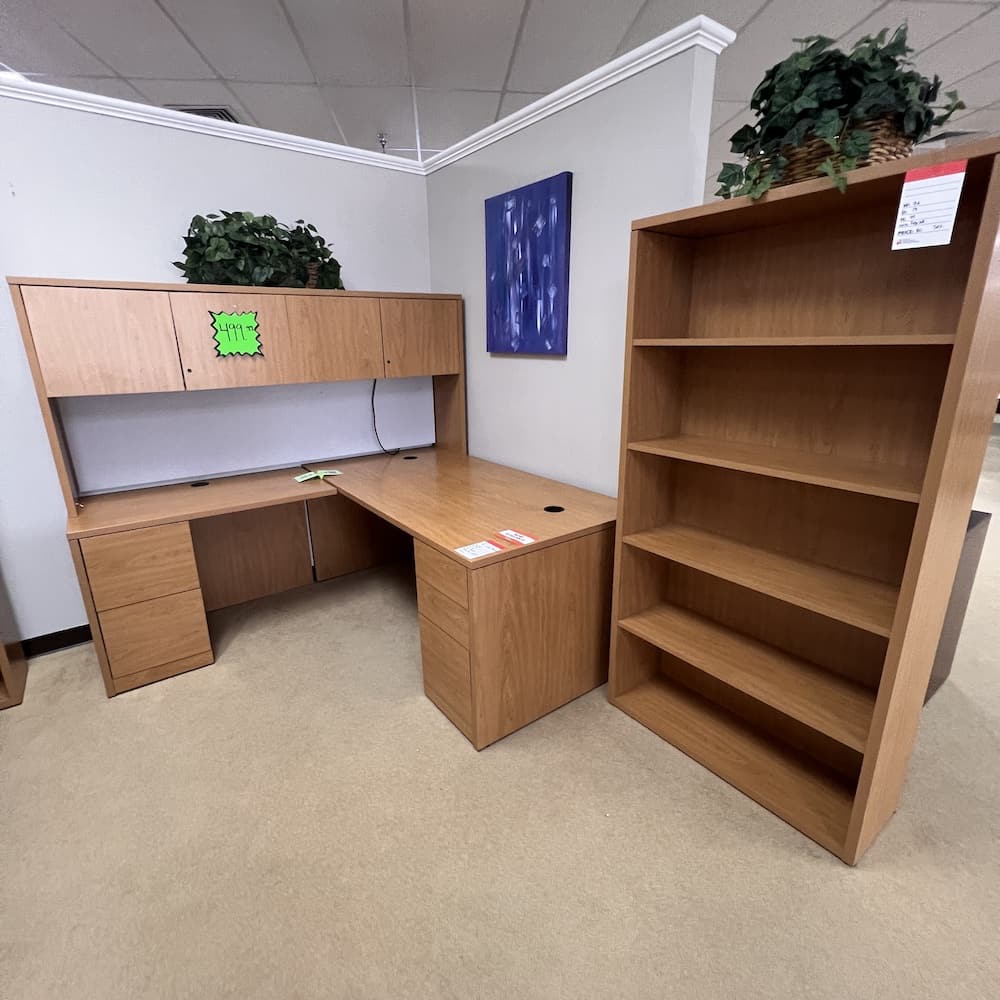 oak honey laminate hon l-desk left return with hutch, used office furniture, bookcase