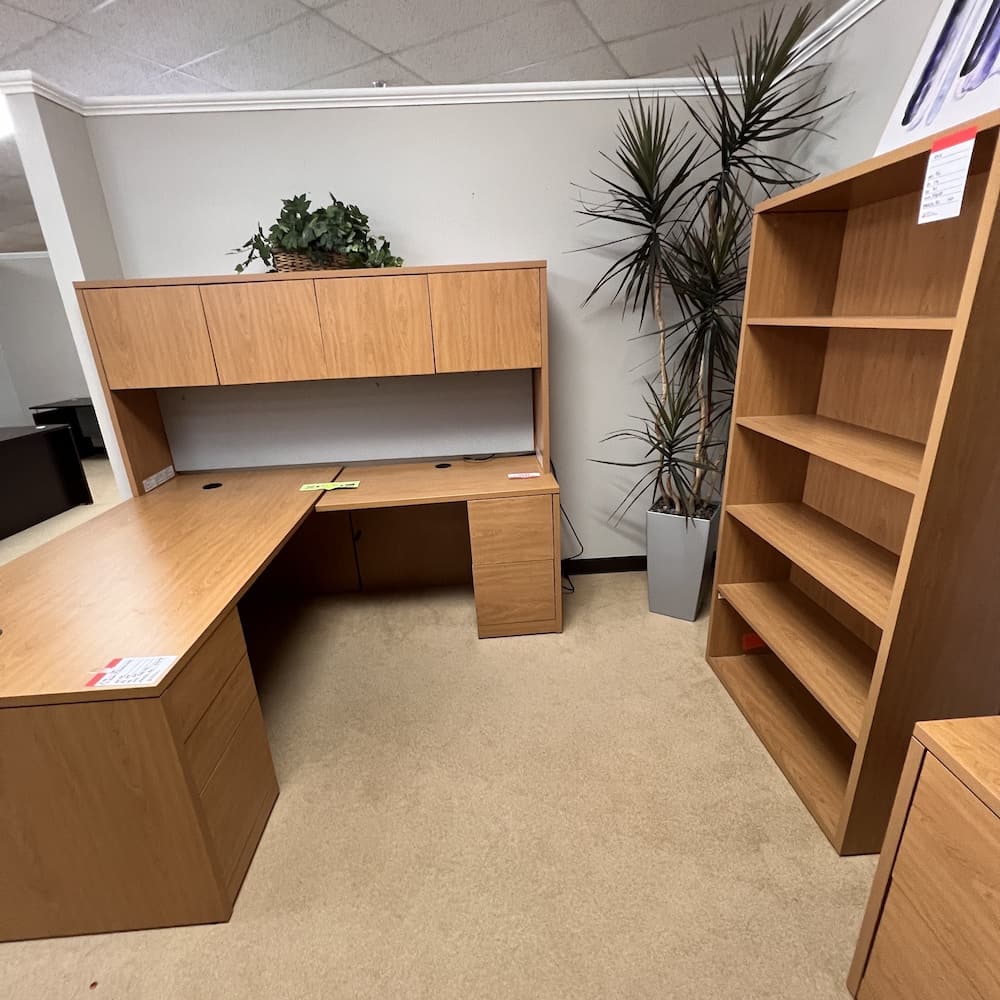 oak honey laminate hon l-desk right return with hutch, used office furniture, bookcase