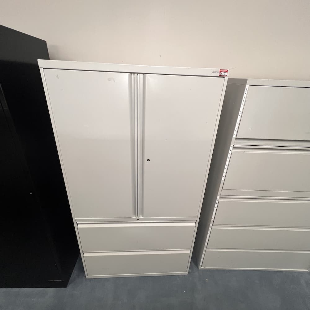 metal light grey 2 door storage cabinet with 2 drawer lateral on the base, hon commercial brand, used office furniture