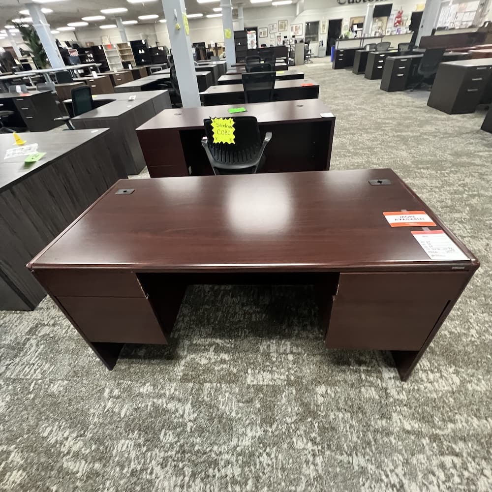 mahogany desk with double box file, used office furniture, hon commercial brand