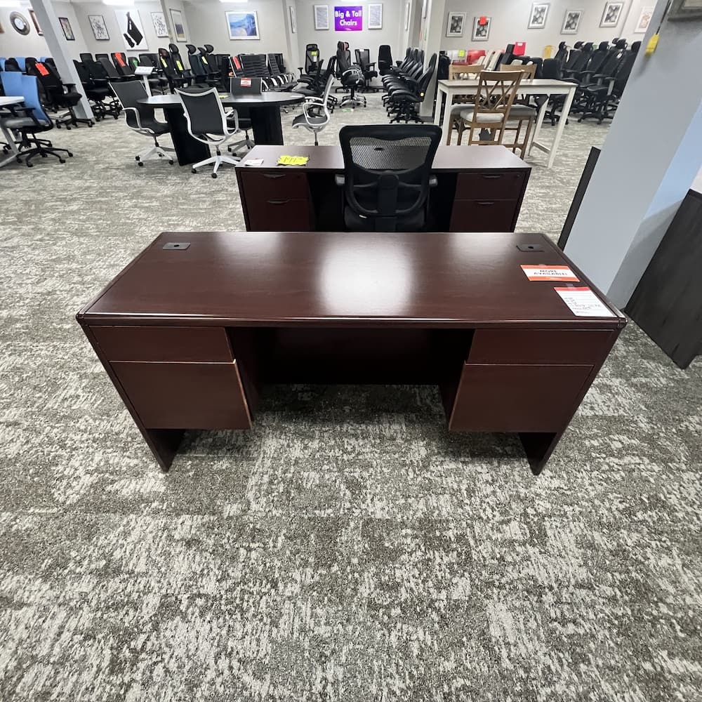 mahogany desk credenza with double box file, used office furniture, hon commercial brand