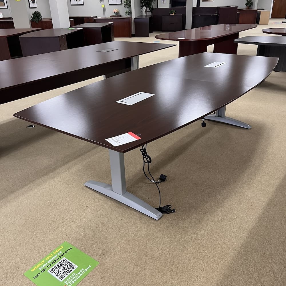 9 ft laminate conference table, hon commercial furniture brand, boat shaped, grey metal legs, used office furniture
