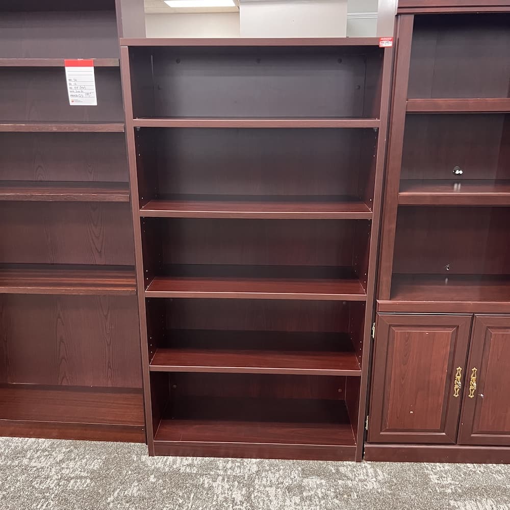 66" tall mahogany laminate bookcase, used office furniture