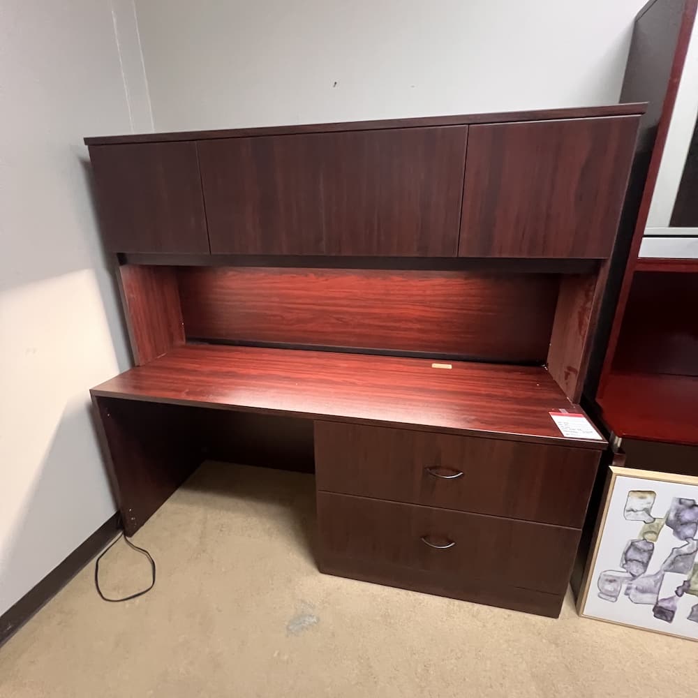 mahogany laminate Credenza Desk with hutch, 2 drawer lateral file, light, used office furniture