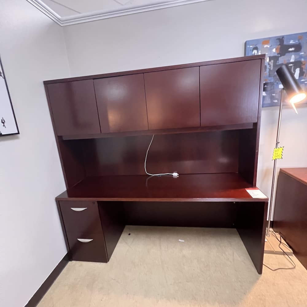 mahogany veneer credenza file/file with hutch and four doors, used office furniture
