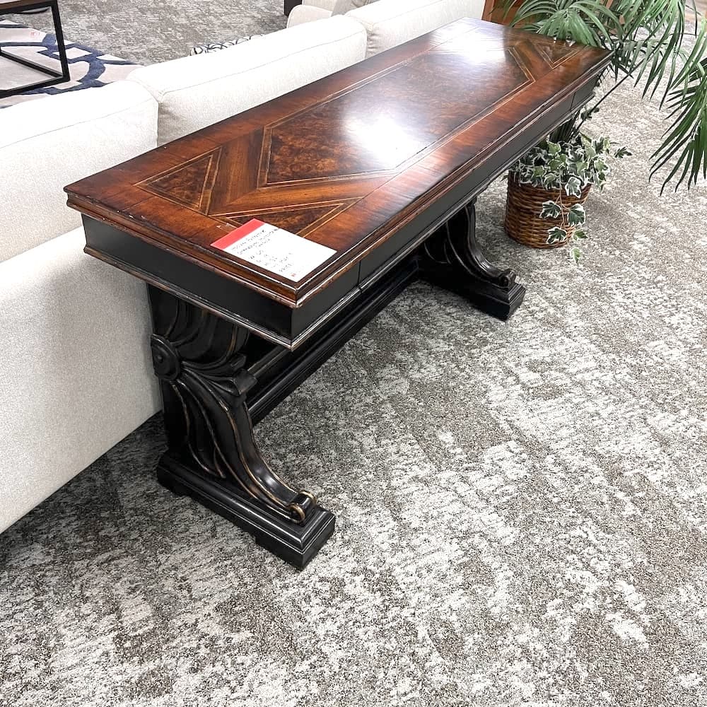 espresso and mahogany veneer wood hooker furniture grandover mirrored back console table, used furniture