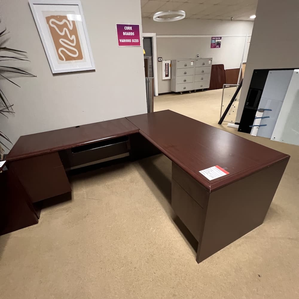 mahogany l-desk left return, used office furniture, double pedestal