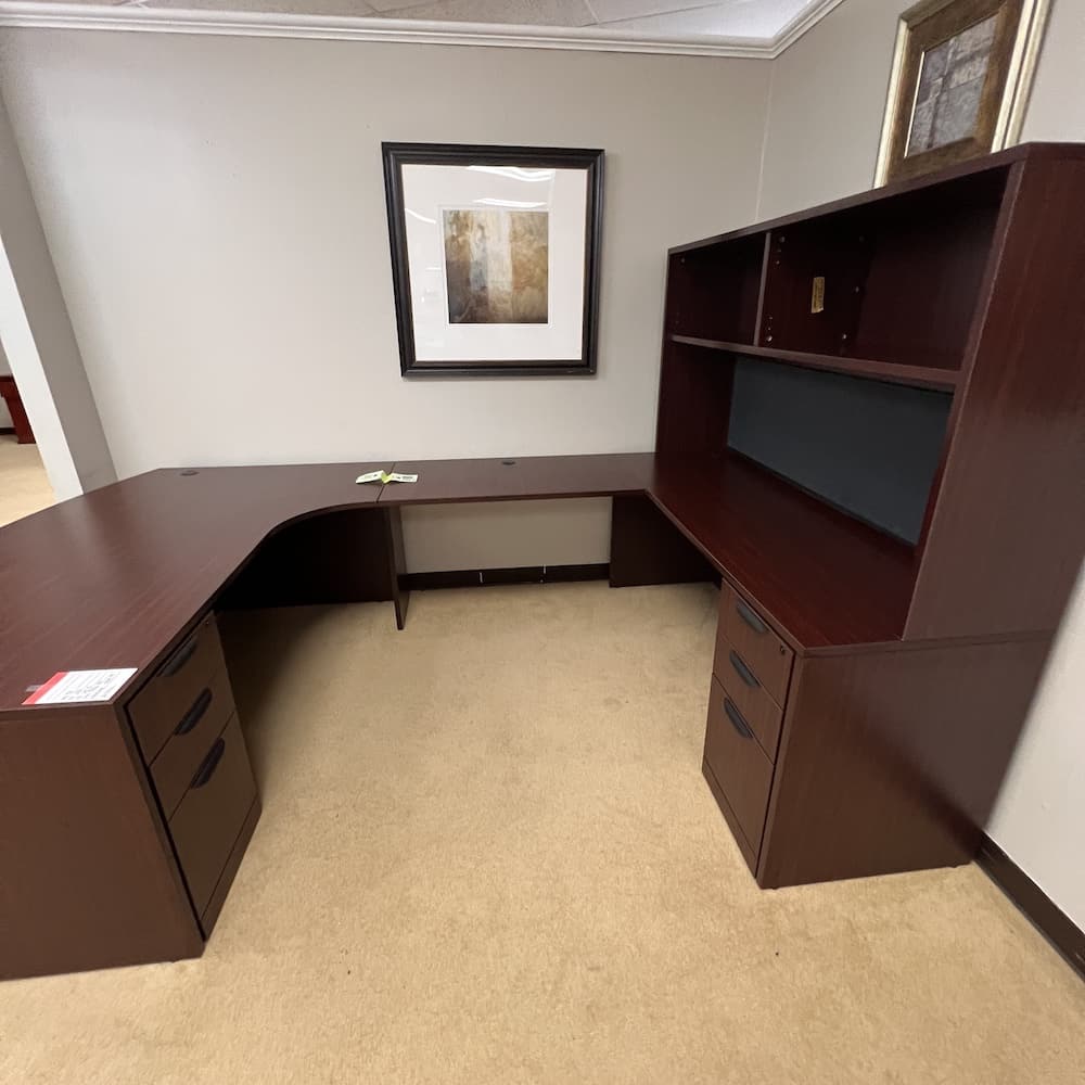 mahogany u-desk with hutch, bow front, right return, used office furniture, double pedestal