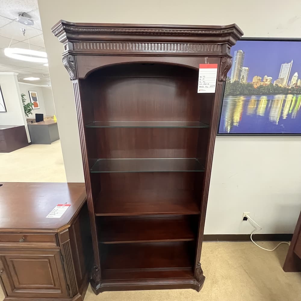 balmoor collection DMI bookcase, executive traditional furniture, mahogany veneer with glass shelves, used furniture